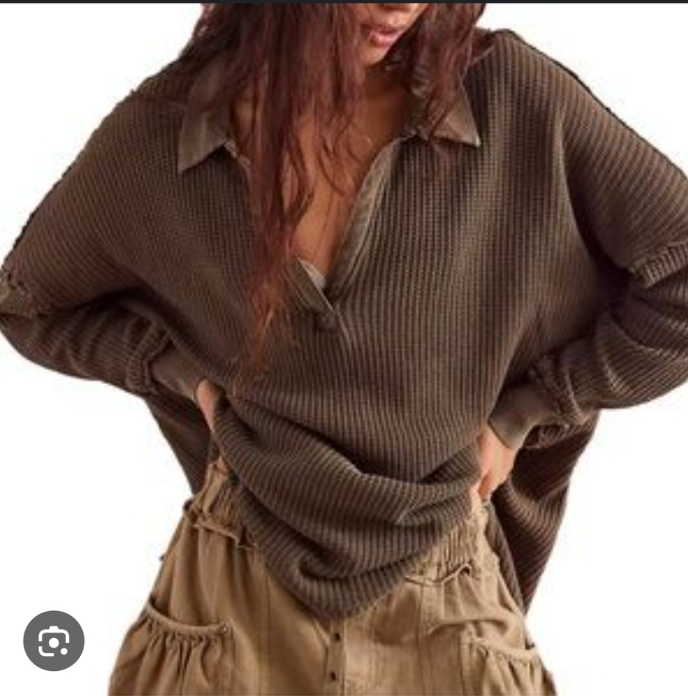 Free People We The Free Travis Oversized Thermal Top Olive Green XS Boho Casual